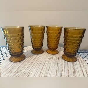 Vintage Indiana Glass 1960s Whitehall Cubist Amber Ice Tea Set of 4 Goblets